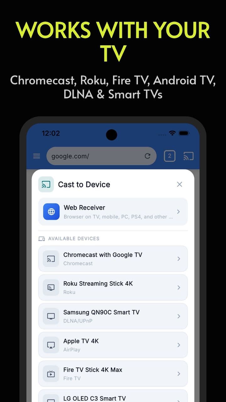 The CastBrowser device list showing Chromecast, Roku, Samsung, Apple TV and Fire TV targets